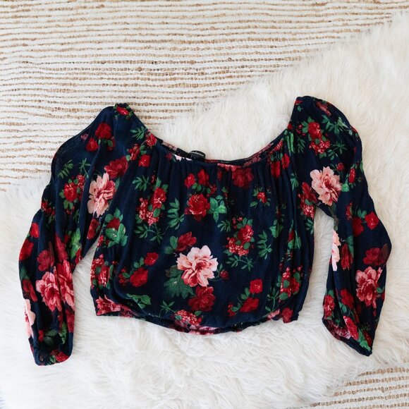 Ambiance Tops - Ambiance Navy Floral Off Shoulder Crop Top | Size L | Long Sleeve Boho Blouse